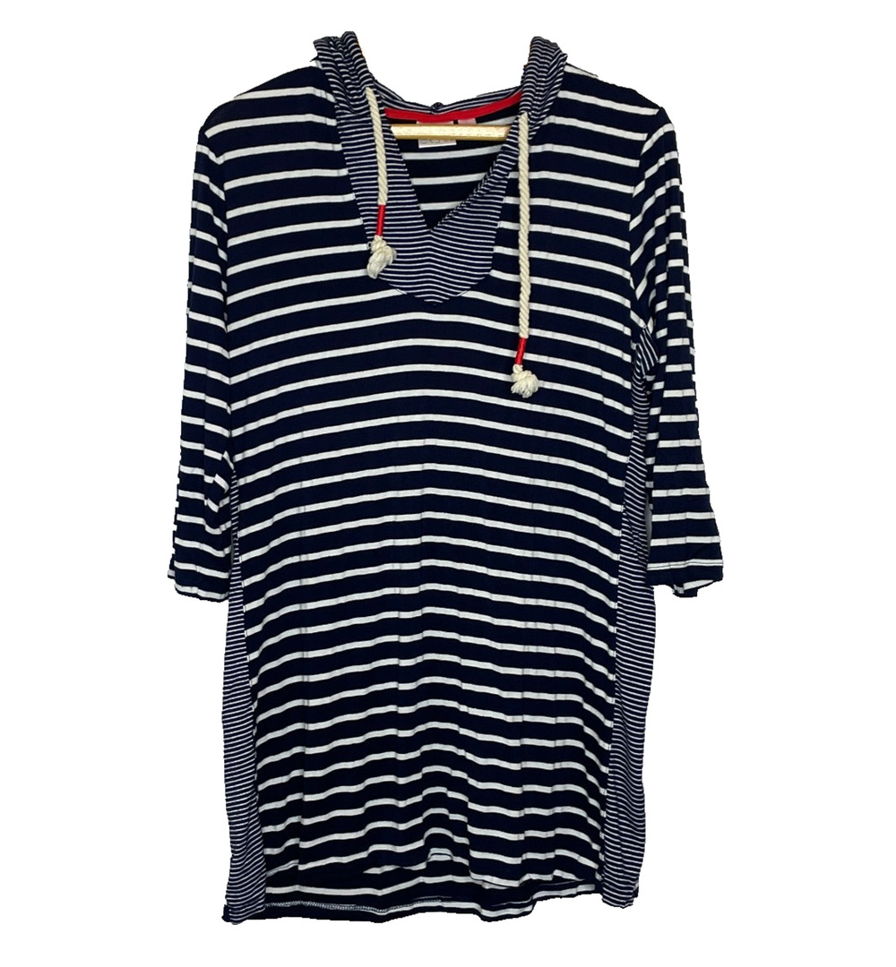 Women's Large Beach Break Blue Stripe Hood Cover Up Pullover